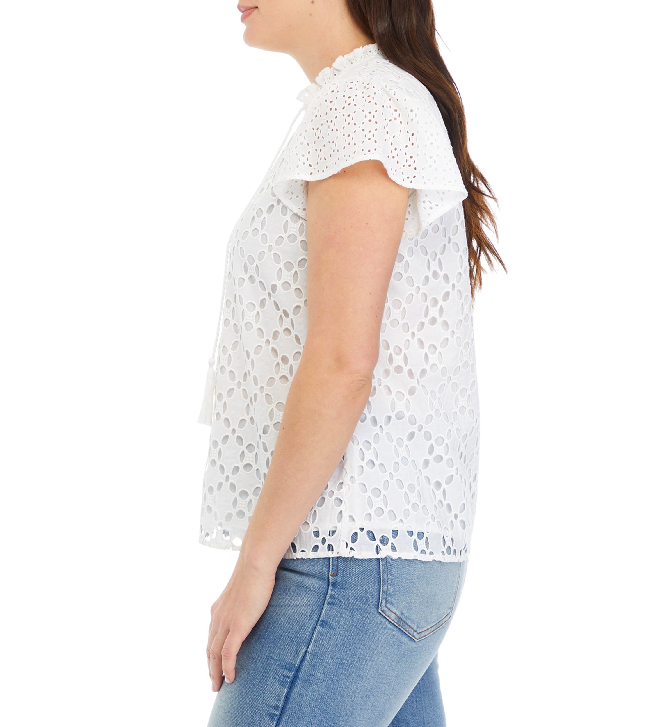 Womens Ruffle Sleeve Eyelet Blouse
