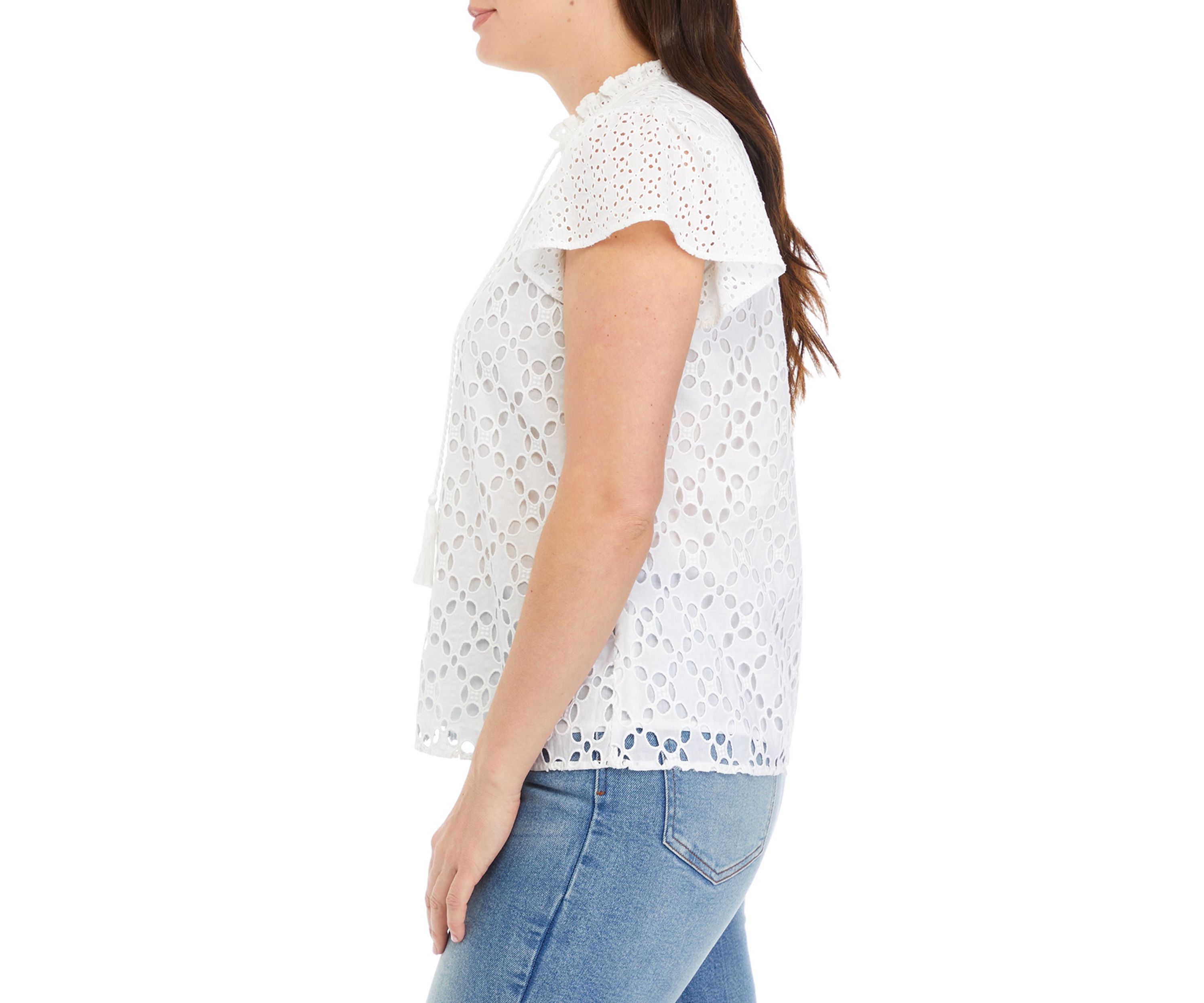 Womens Ruffle Sleeve Eyelet Blouse