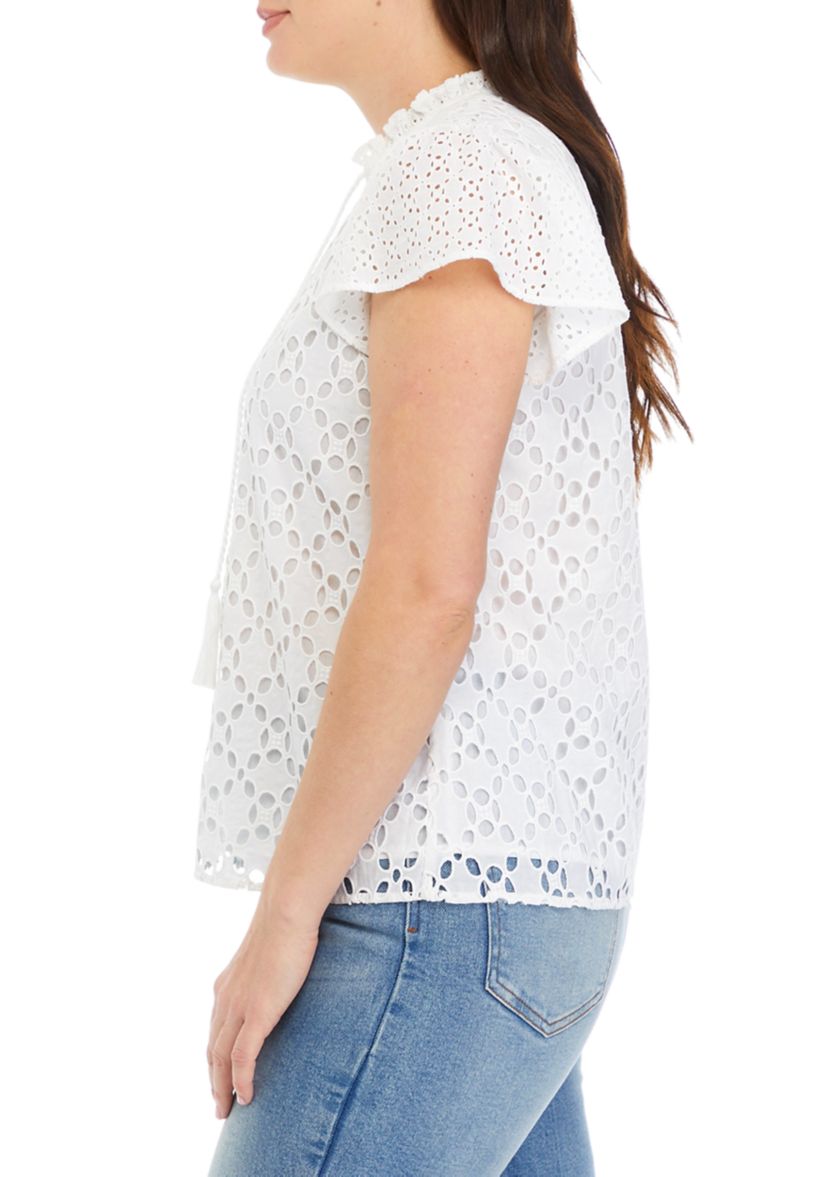 Womens Ruffle Sleeve Eyelet Blouse