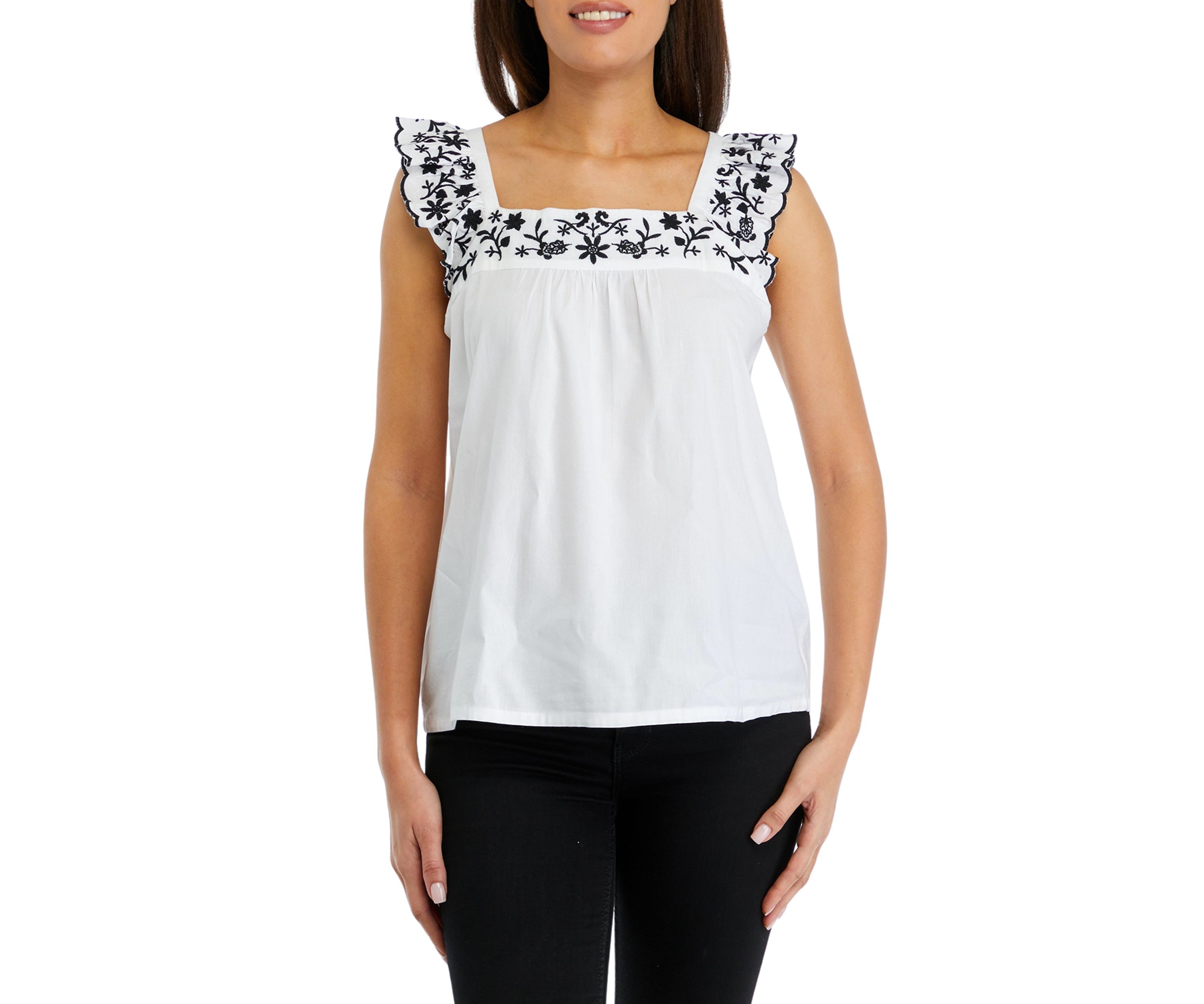 Womens Flutter Sleeve Embroidered Top