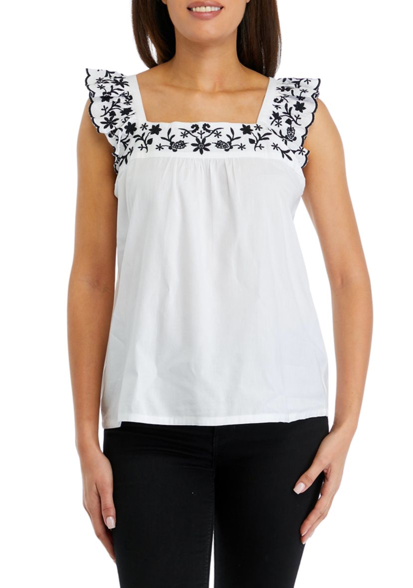 Womens Flutter Sleeve Embroidered Top