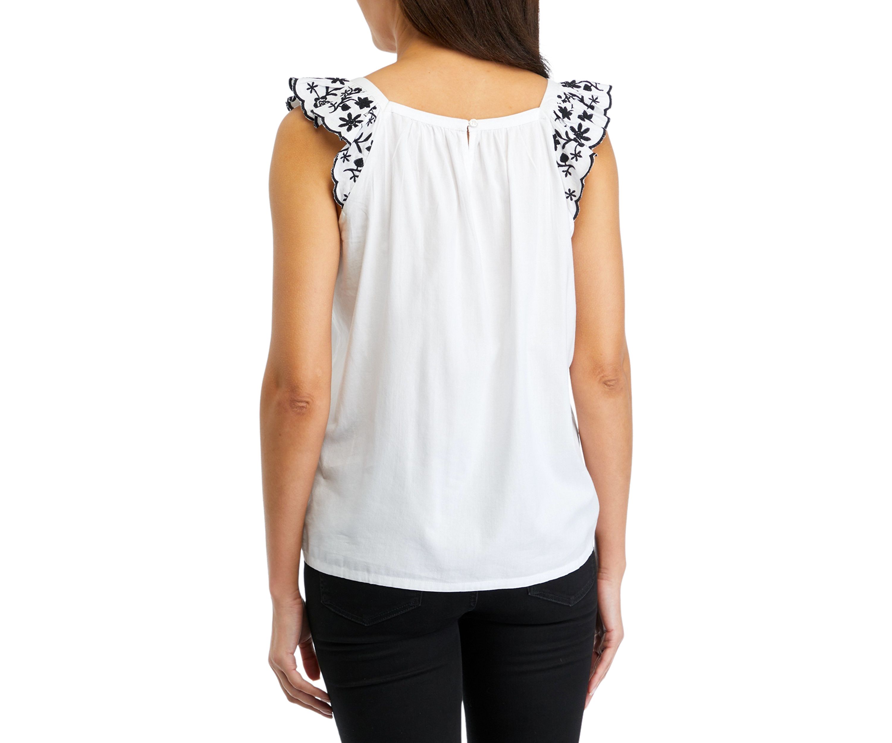 Womens Flutter Sleeve Embroidered Top