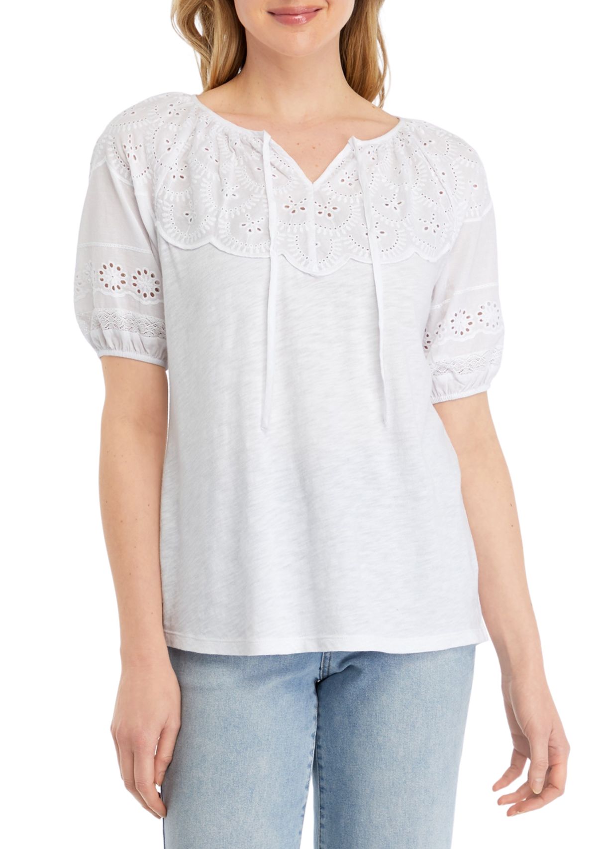 Womens Mixed Media Puff Sleeve Top