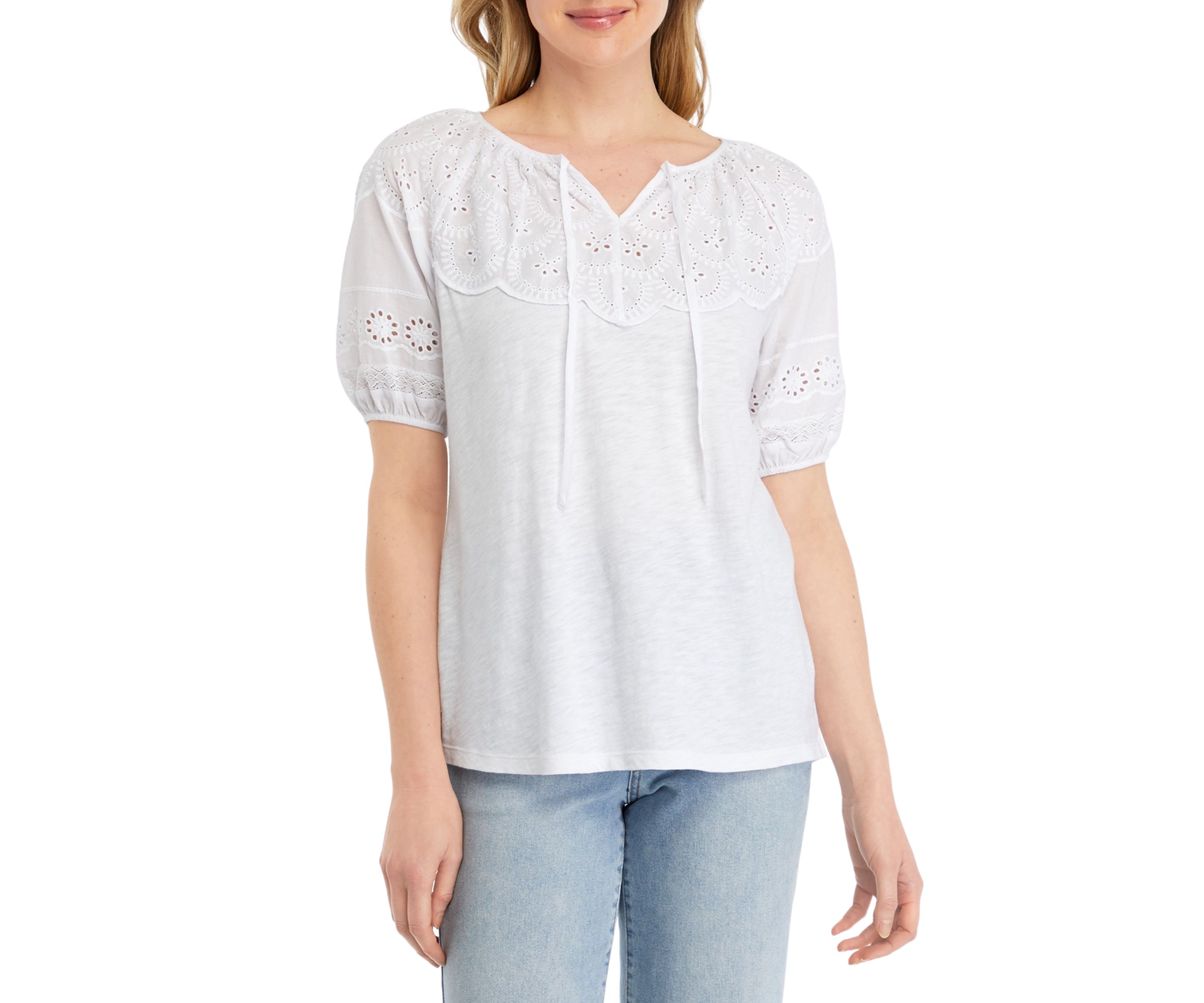 Womens Mixed Media Puff Sleeve Top
