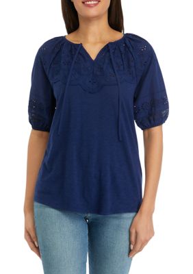 PHILOSOPHY BY REPUBLIC Women's Mixed Media Puff Sleeve Top, Navy Blue, Small