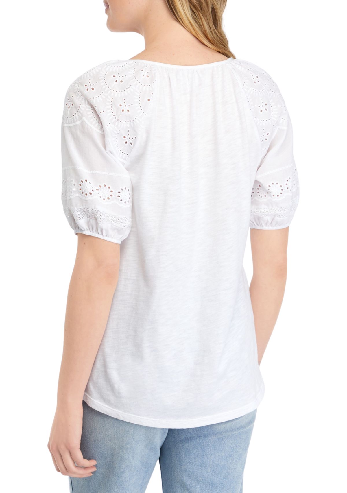 Womens Mixed Media Puff Sleeve Top