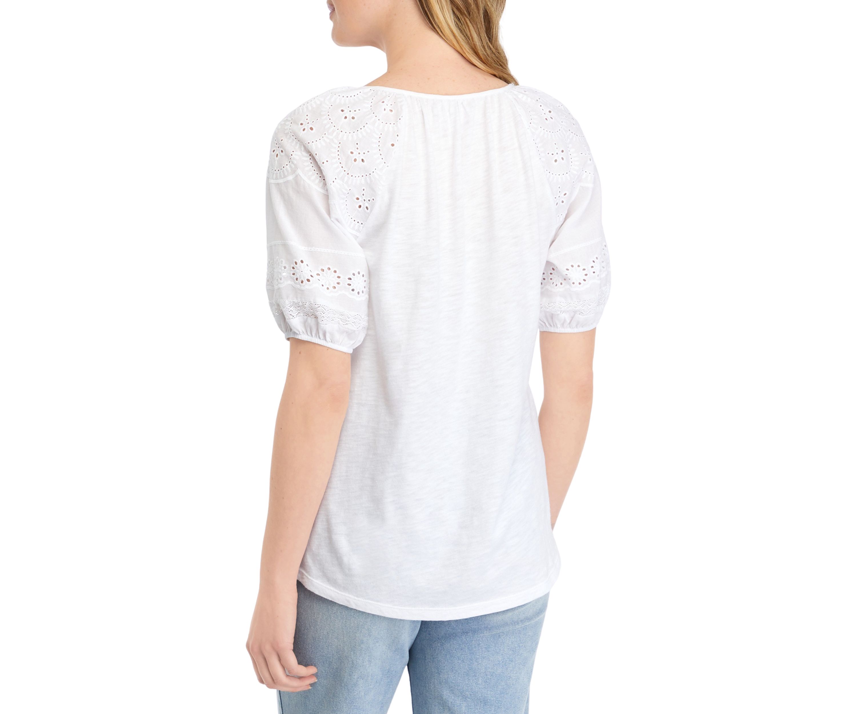 Womens Mixed Media Puff Sleeve Top