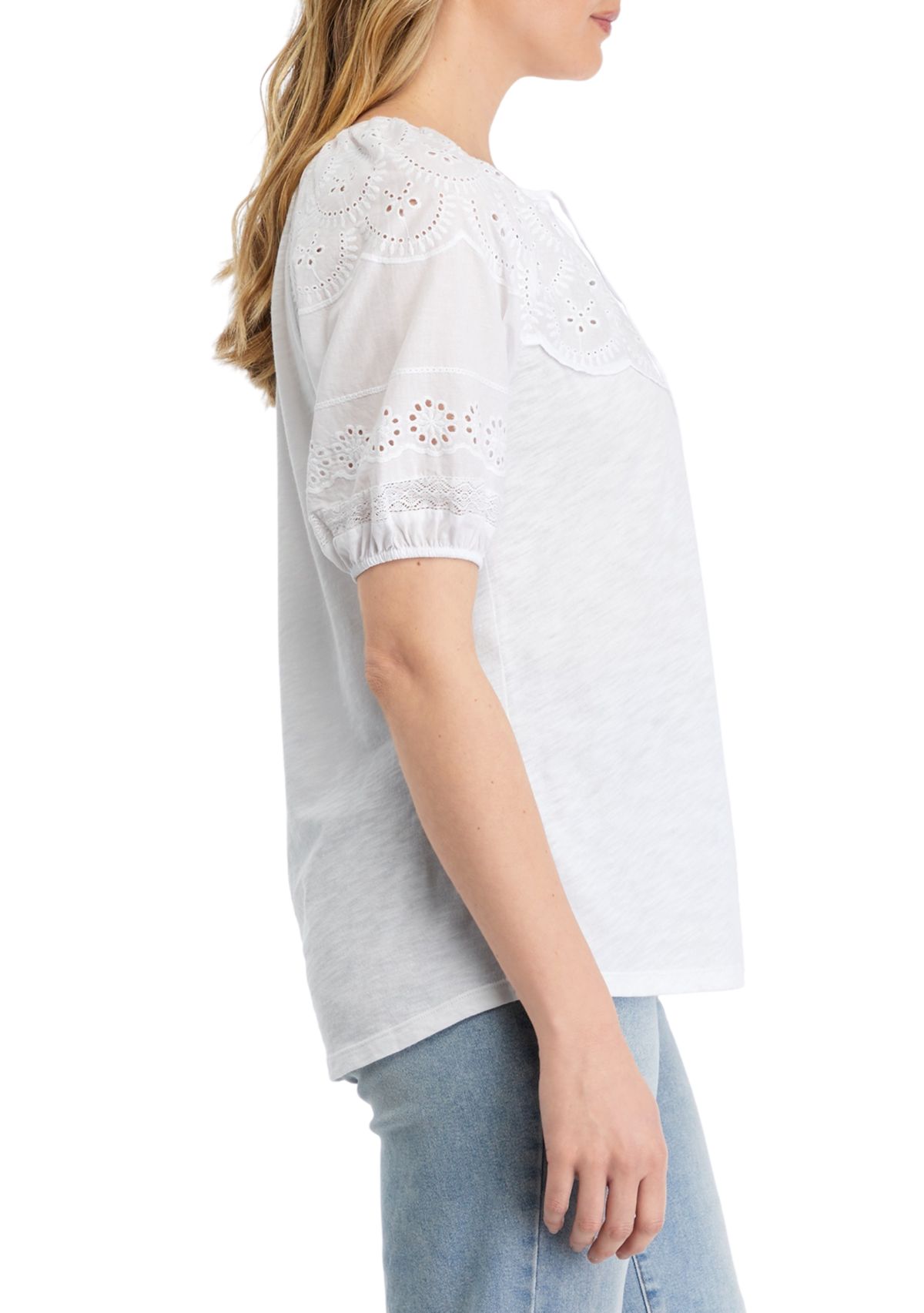 Womens Mixed Media Puff Sleeve Top