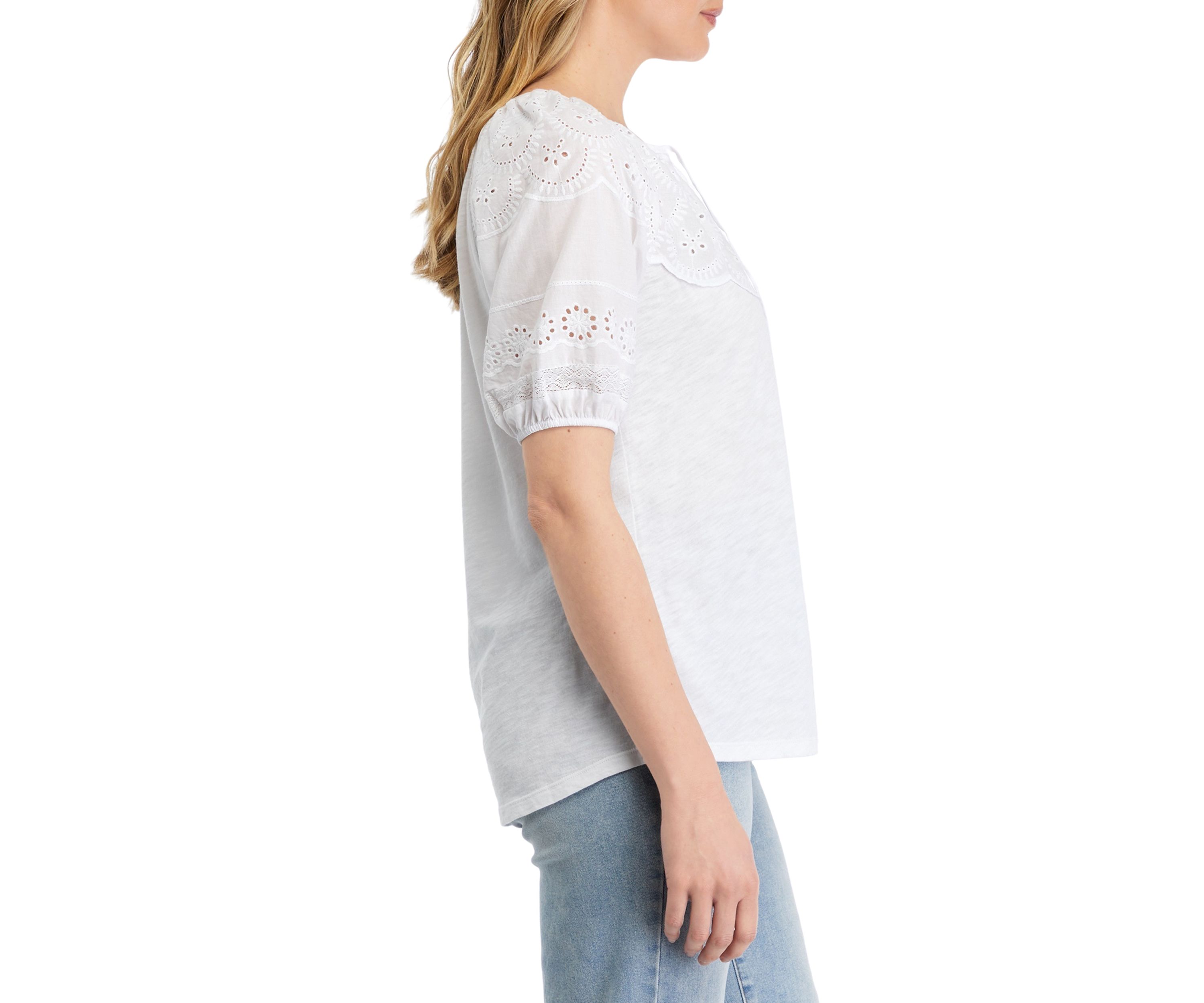 Womens Mixed Media Puff Sleeve Top
