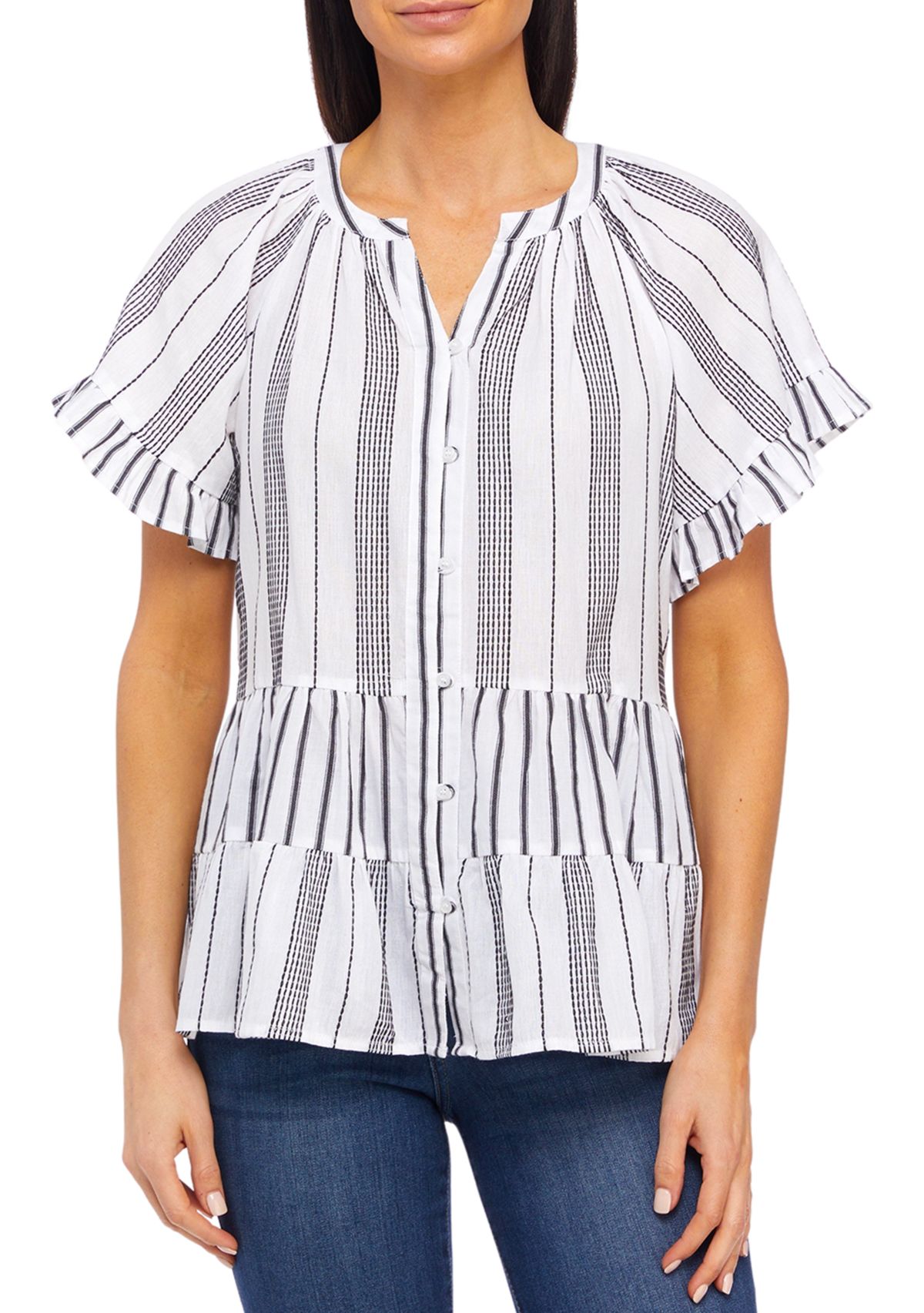 Womens Flutter Sleeve Striped Tiered Peasant Top