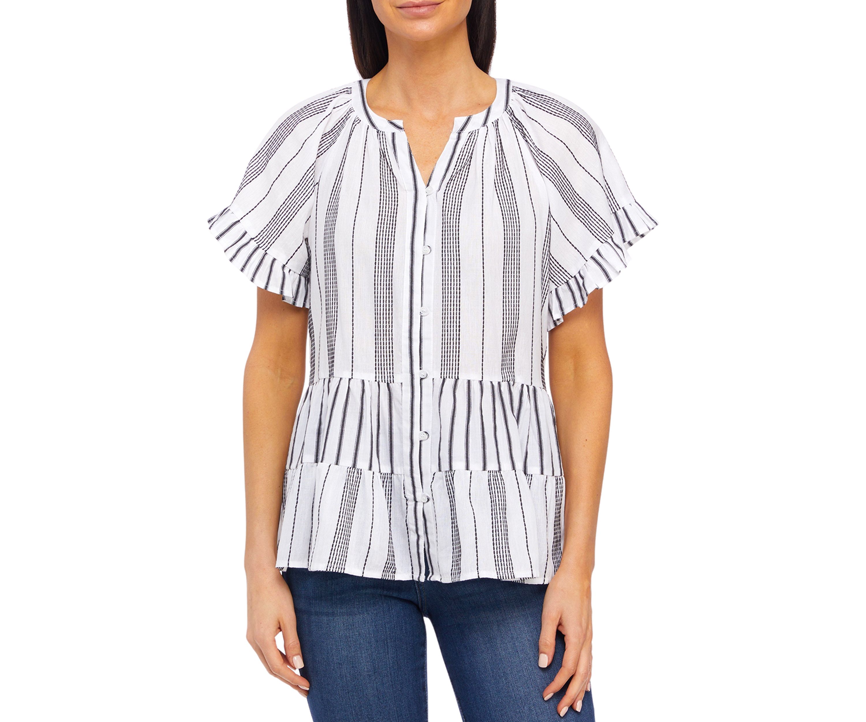 Womens Flutter Sleeve Striped Tiered Peasant Top