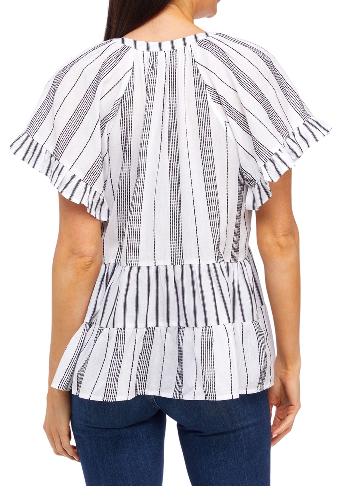 Womens Flutter Sleeve Striped Tiered Peasant Top