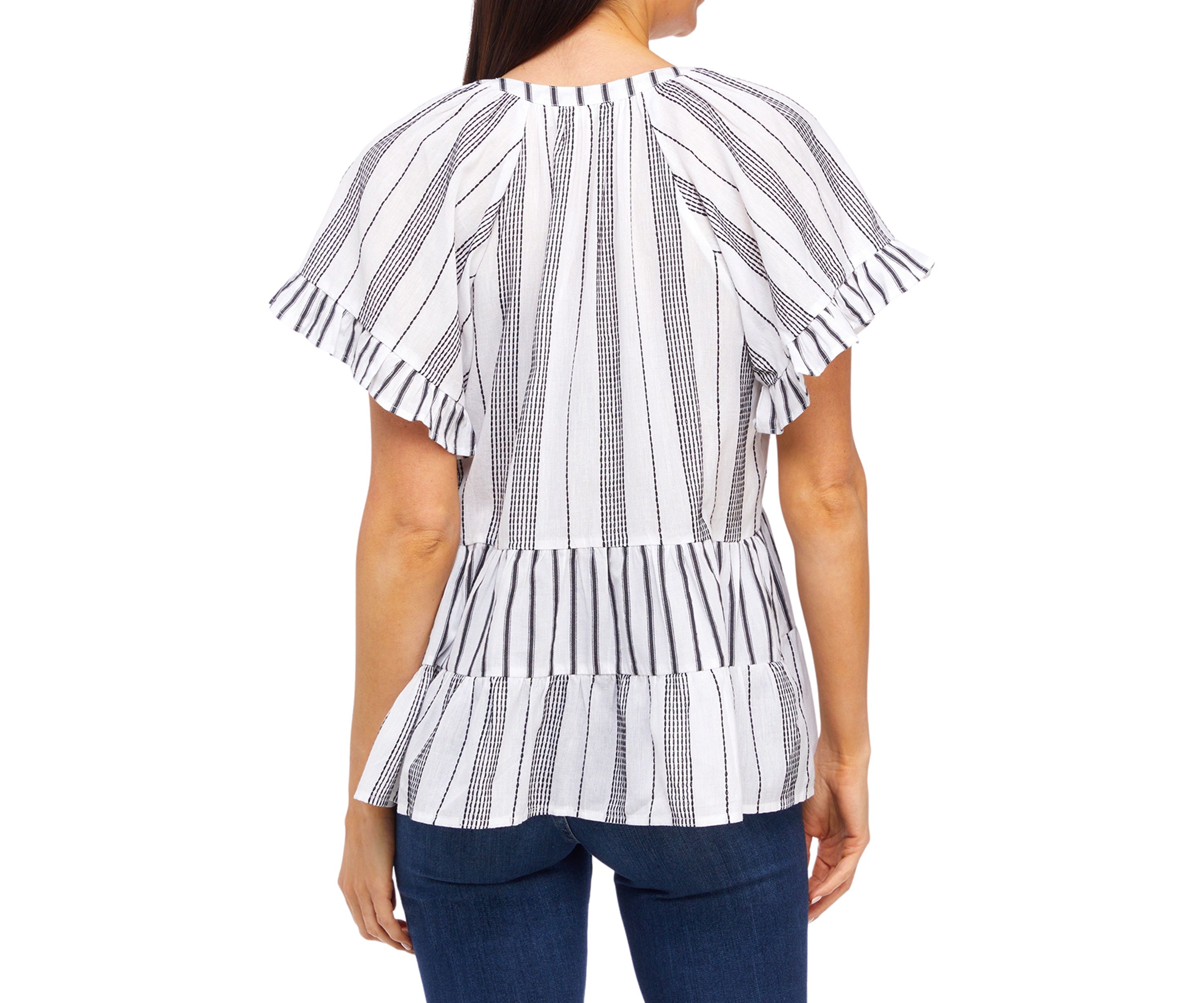 Womens Flutter Sleeve Striped Tiered Peasant Top