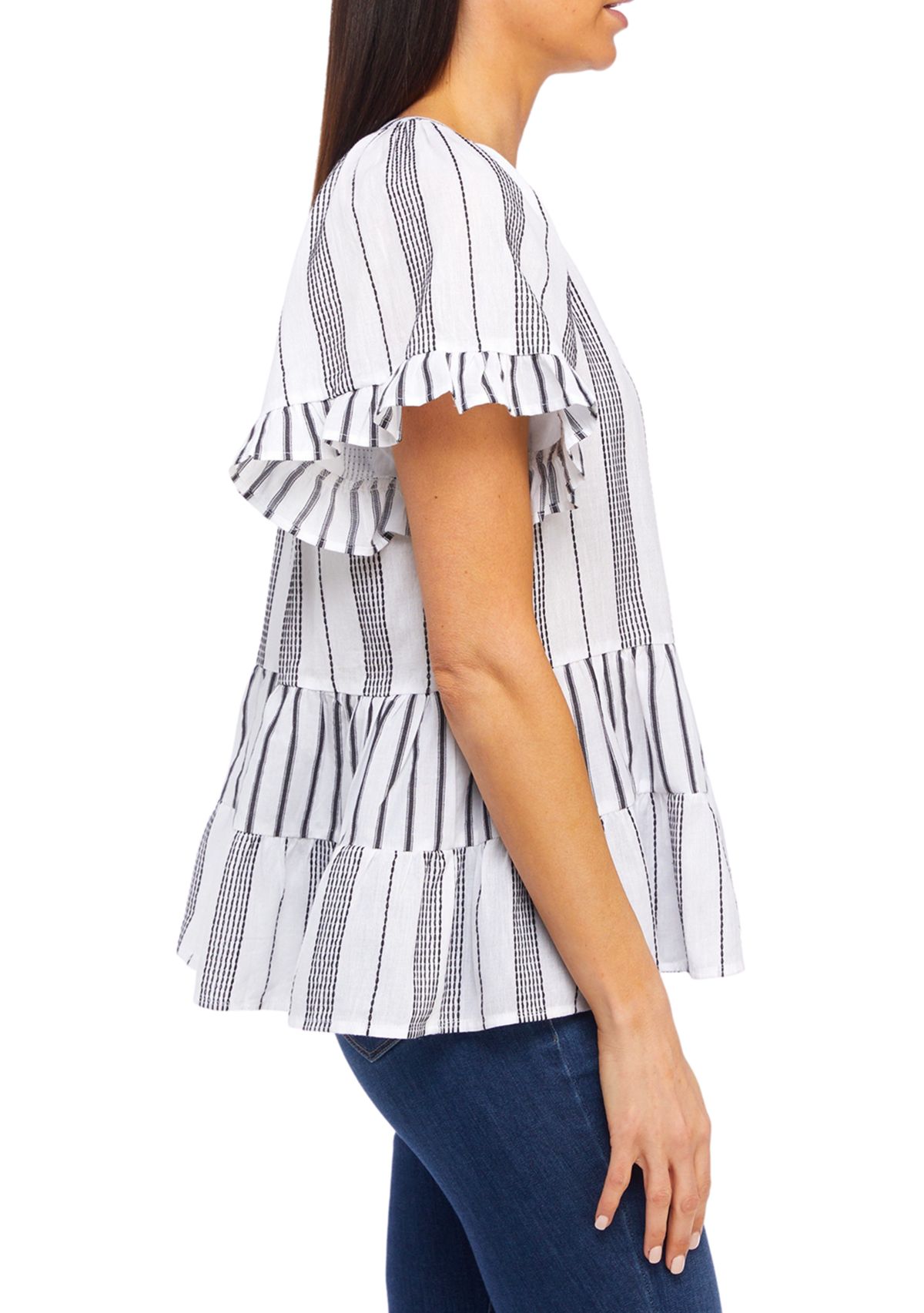 Womens Flutter Sleeve Striped Tiered Peasant Top