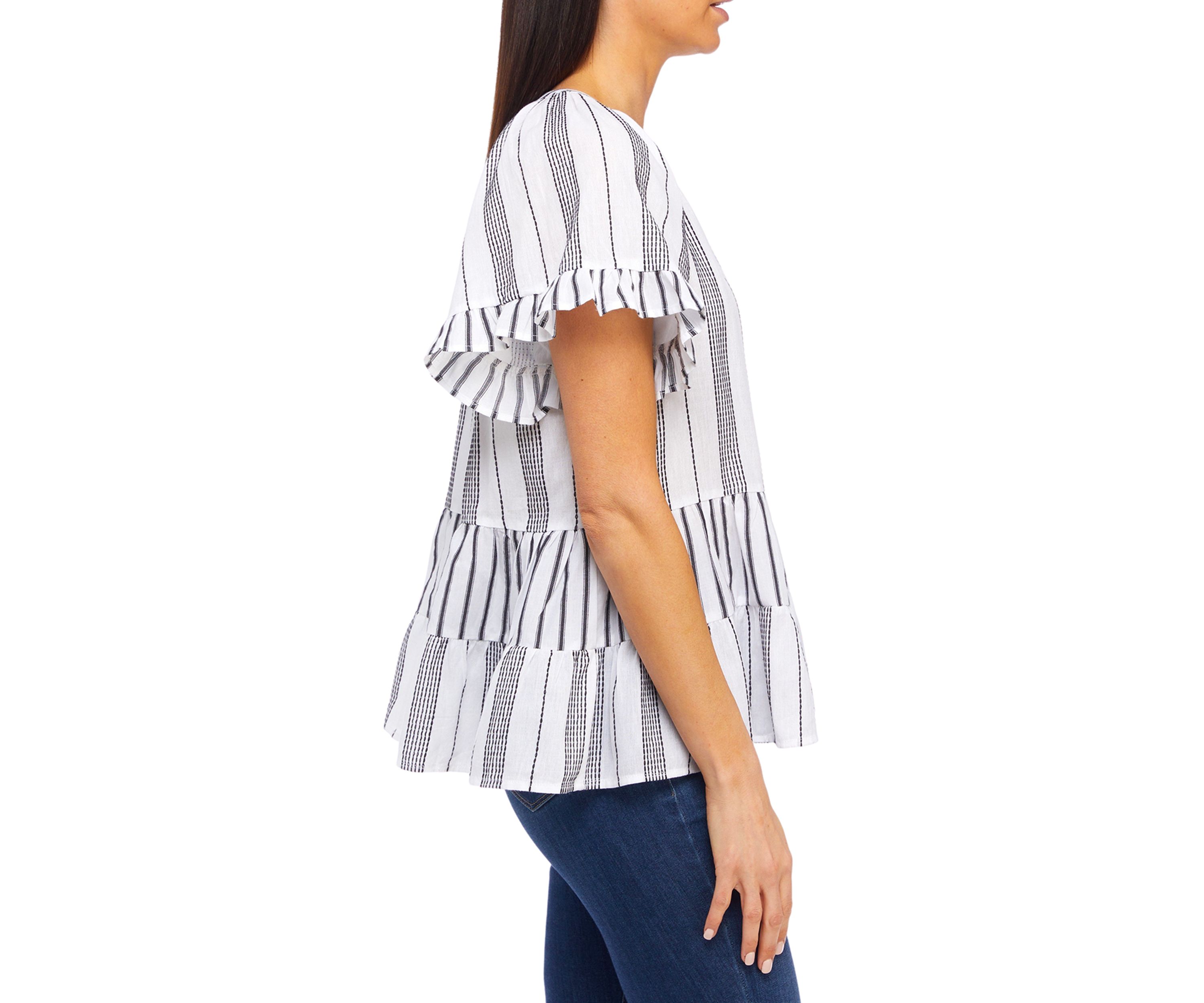 Womens Flutter Sleeve Striped Tiered Peasant Top