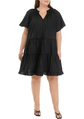 PHILOSOPHY BY REPUBLIC Women's Plus Size Short Sleeve Button Front Tiered Dress, Black, 3X
