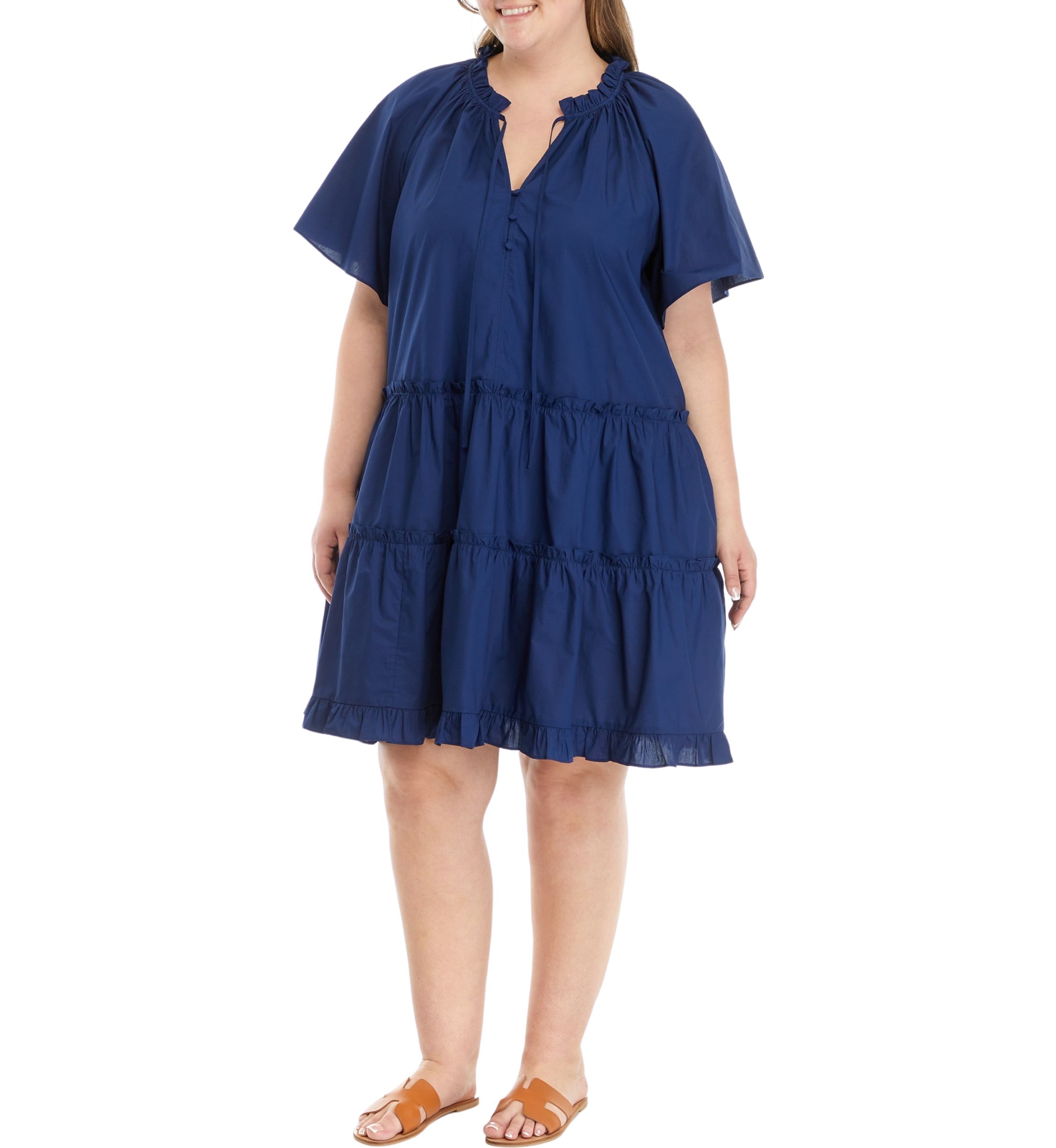 Plus Size Short Sleeve Button Front Tiered Dress 