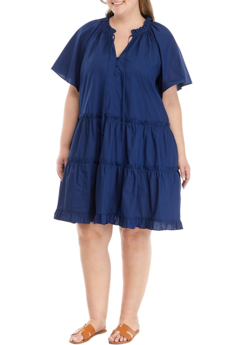 Plus Size Short Sleeve Button Front Tiered Dress 