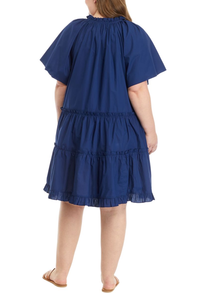 Plus Size Short Sleeve Button Front Tiered Dress 