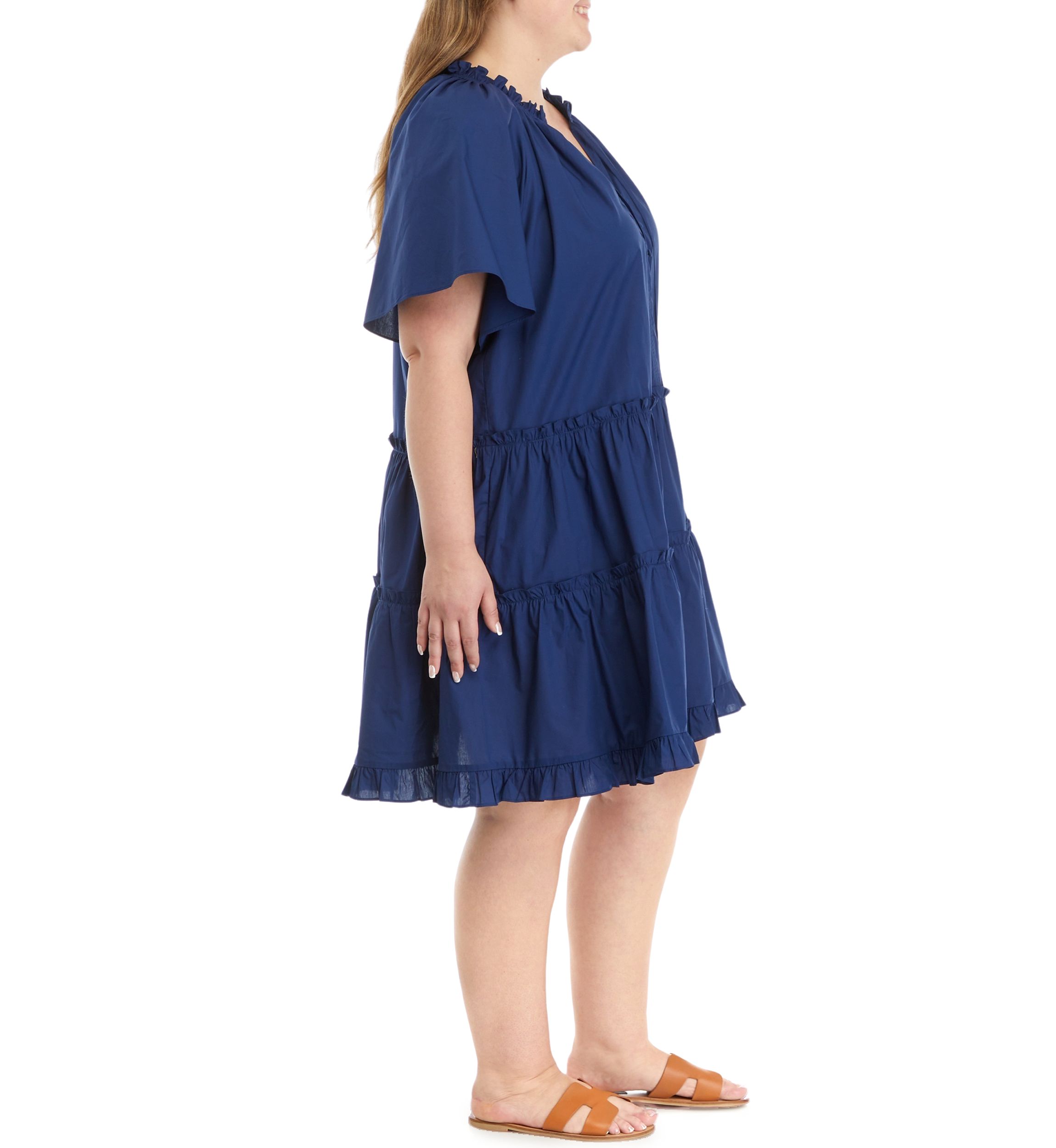 Plus Size Short Sleeve Button Front Tiered Dress 