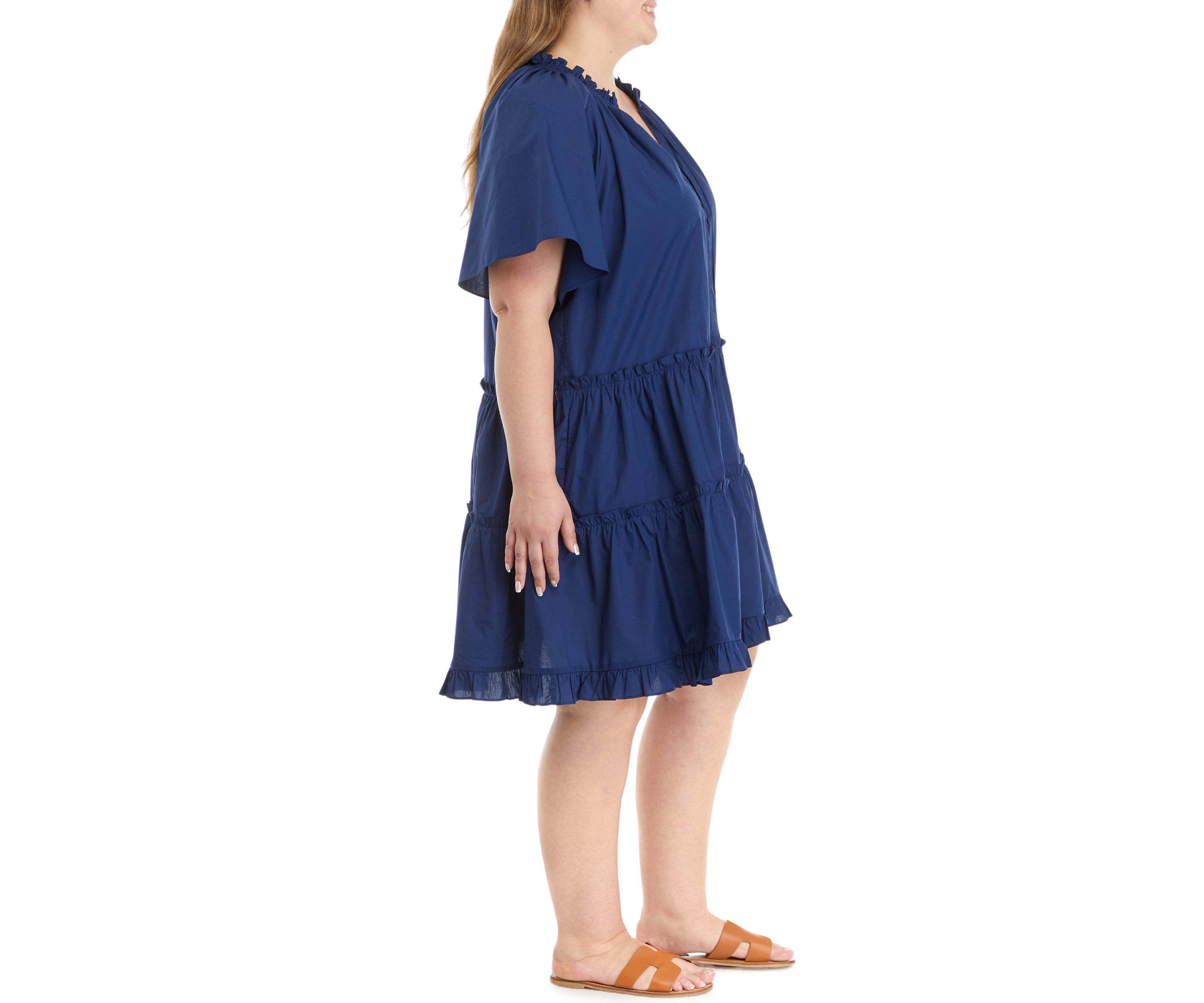 Plus Size Short Sleeve Button Front Tiered Dress 