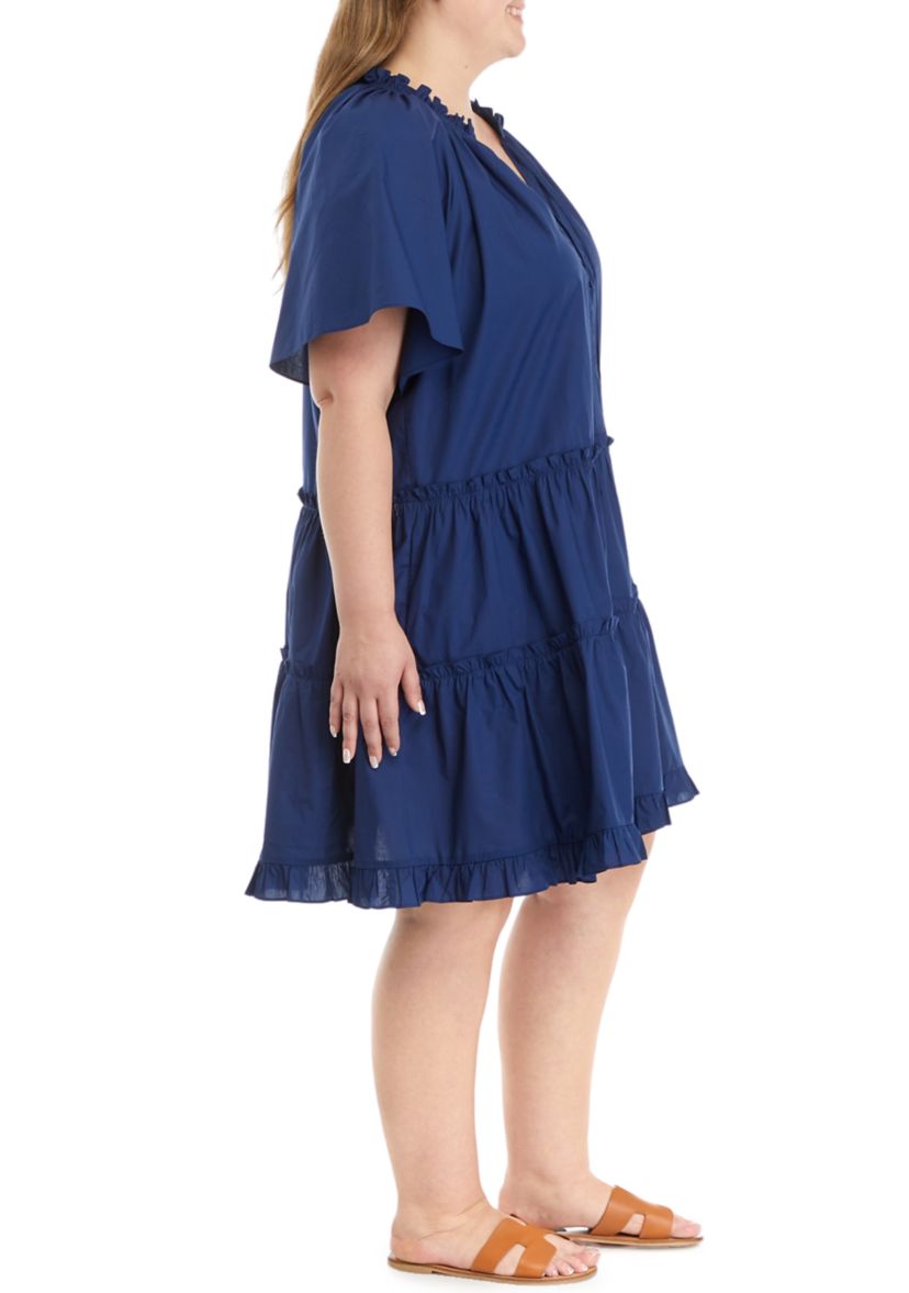 Plus Size Short Sleeve Button Front Tiered Dress 