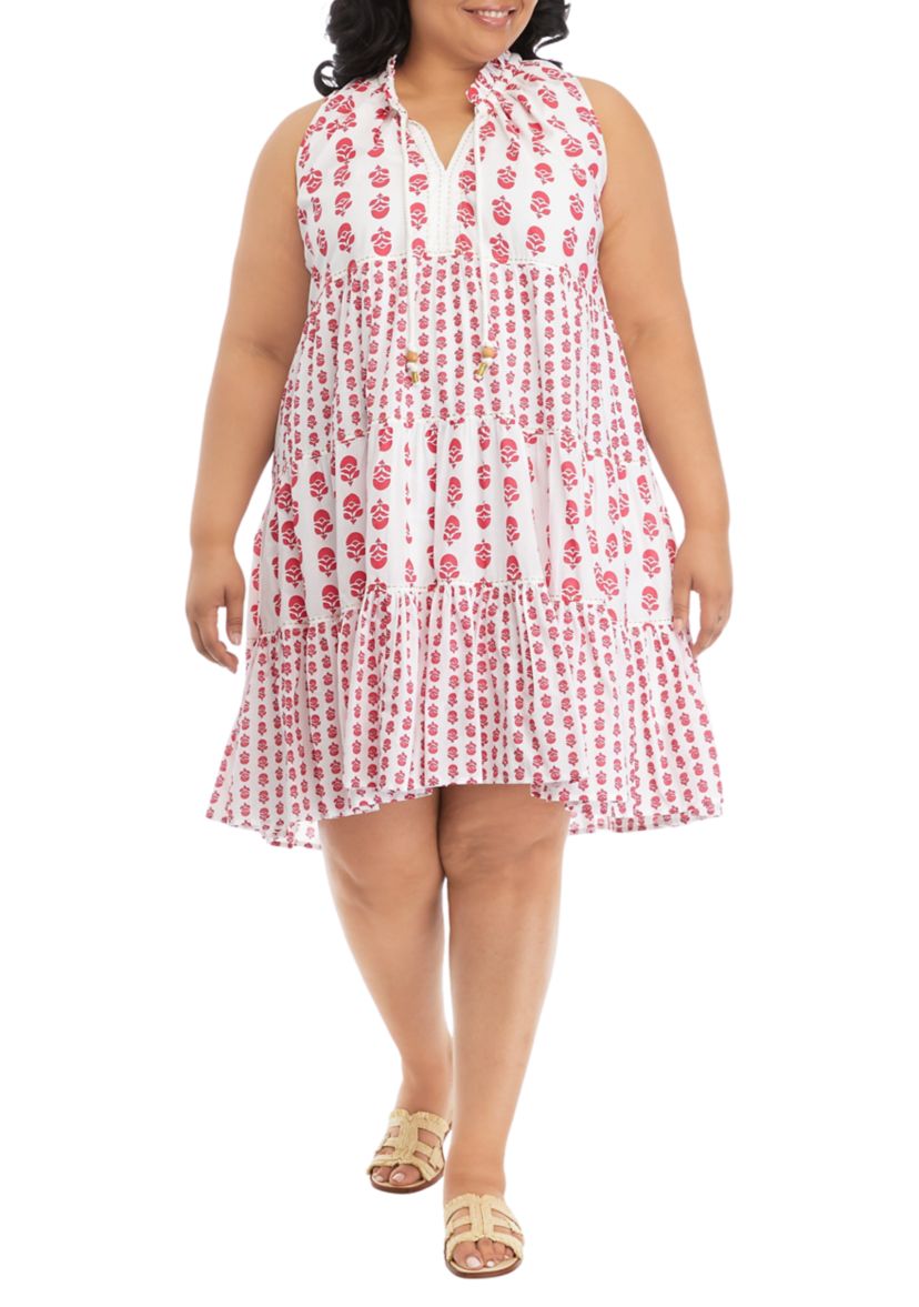 Plus Size Printed Sleeveless Tiered Dress