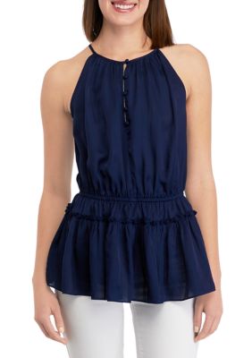 PHILOSOPHY BY REPUBLIC Women's Halter Neck Airflow Blouse, Navy Blue, XL