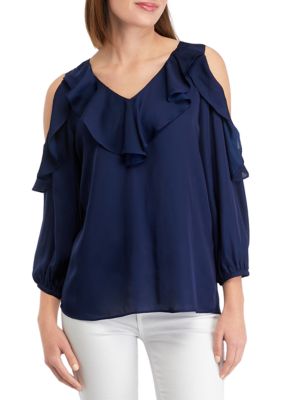 PHILOSOPHY BY REPUBLIC Women's Solid Cold Shoulder Airflow Blouse, Navy Blue, Small
