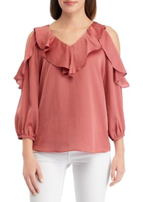 PHILOSOPHY BY REPUBLIC Women's Solid Cold Shoulder Airflow Blouse, Dusty Rose, XS