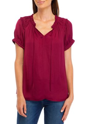 PHILOSOPHY BY REPUBLIC Women's Short Sleeve Tie Neck Airflow Blouse, Raspberry, XS