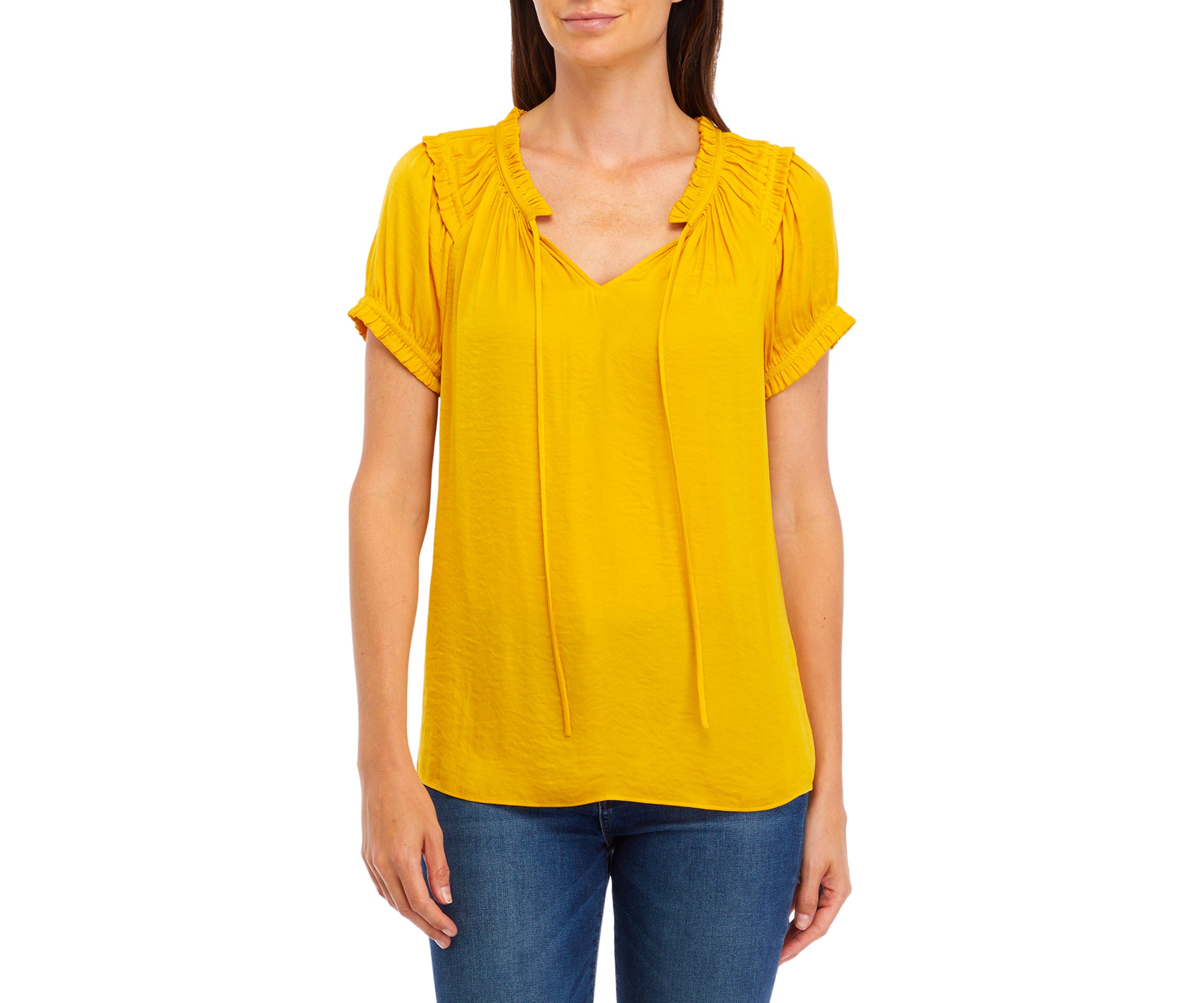 Womens Short Sleeve Tie Neck Airflow Blouse