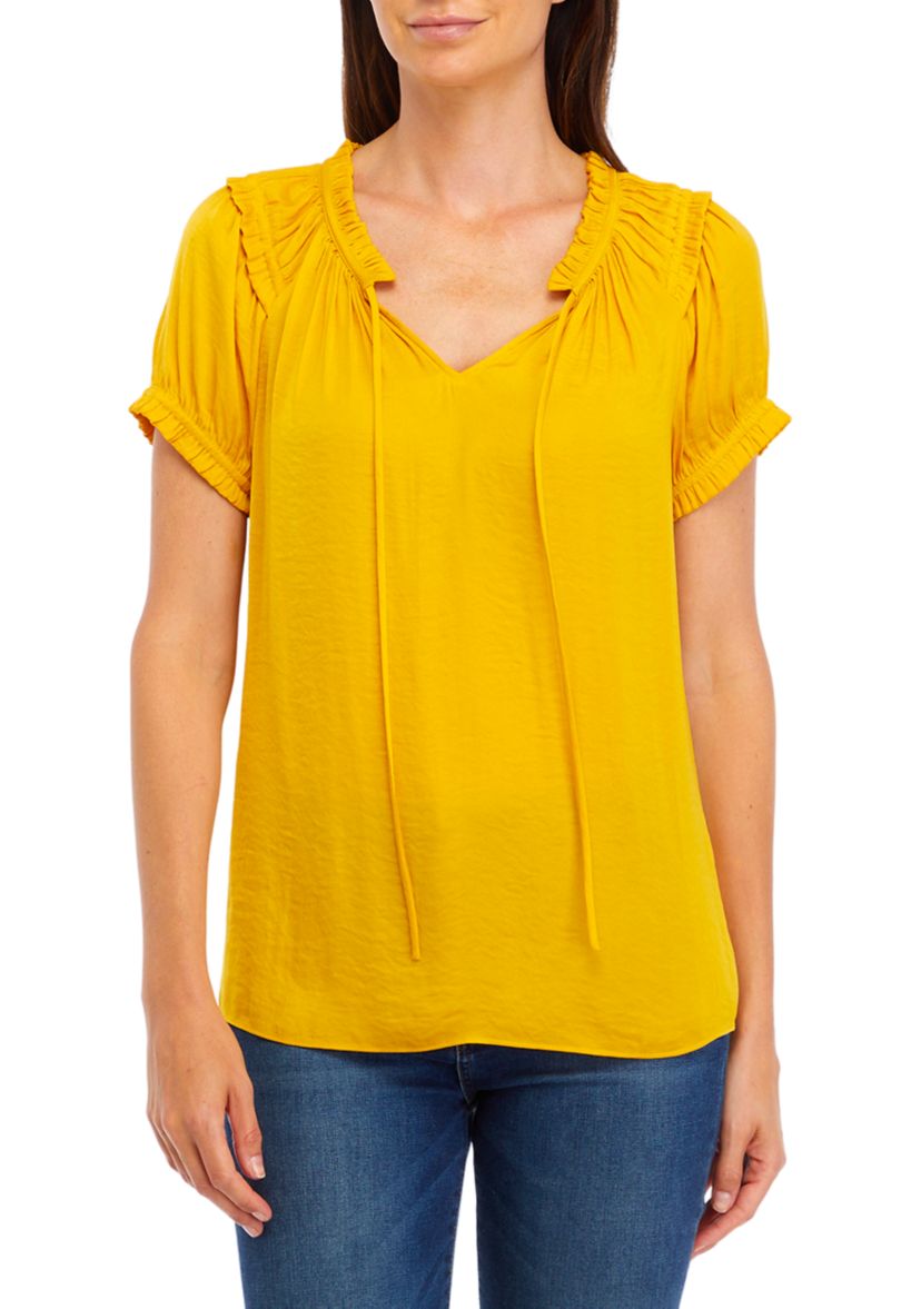 Womens Short Sleeve Tie Neck Airflow Blouse