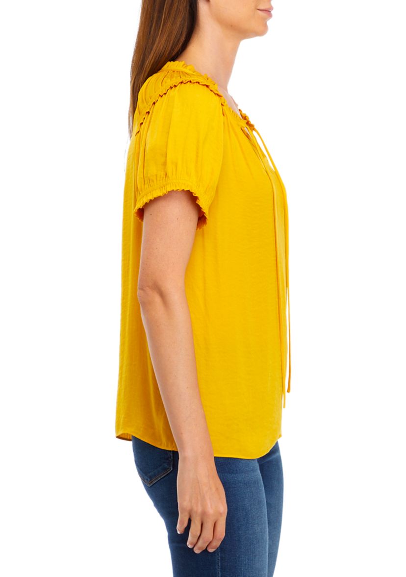 Womens Short Sleeve Tie Neck Airflow Blouse
