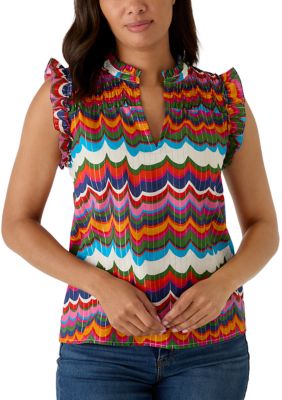 MUSE Republic Clothing Women's Cap Sleeve Wave Print Split Neck Top, Small