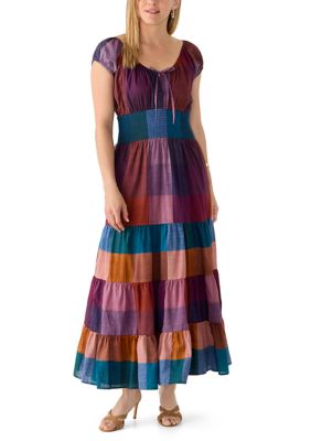 PHILOSOPHY BY REPUBLIC Women's Short Sleeve Plaid Tier Peasant Dress