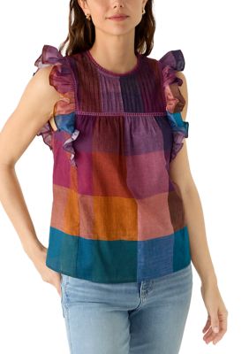 PHILOSOPHY BY REPUBLIC Women's Flutter Sleeve Pintuck Plaid Blouse