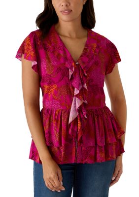 PHILOSOPHY BY REPUBLIC Women's Flutter Sleeve Ruffle Floral Blouse