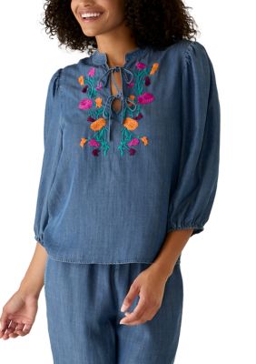 PHILOSOPHY BY REPUBLIC Women's Puff Sleeve Embroidered Peasant Top