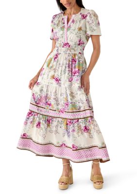 PHILOSOPHY BY REPUBLIC Women's Short Sleeve Tiered Split Neck Floral Dress