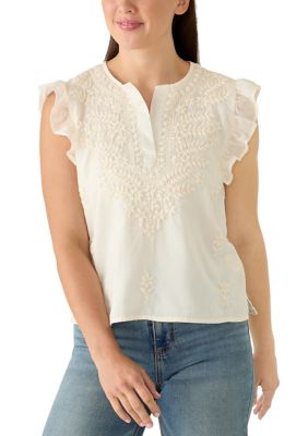 PHILOSOPHY BY REPUBLIC Women's Flutter Sleeve Embroidered Split Neck Blouse, XL
