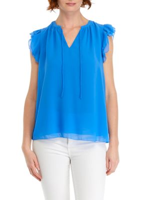 PHILOSOPHY BY REPUBLIC Women's Solid Ruffle Top, Blue, XS