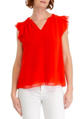 PHILOSOPHY BY REPUBLIC Women's Solid Ruffle Top, Red, Small