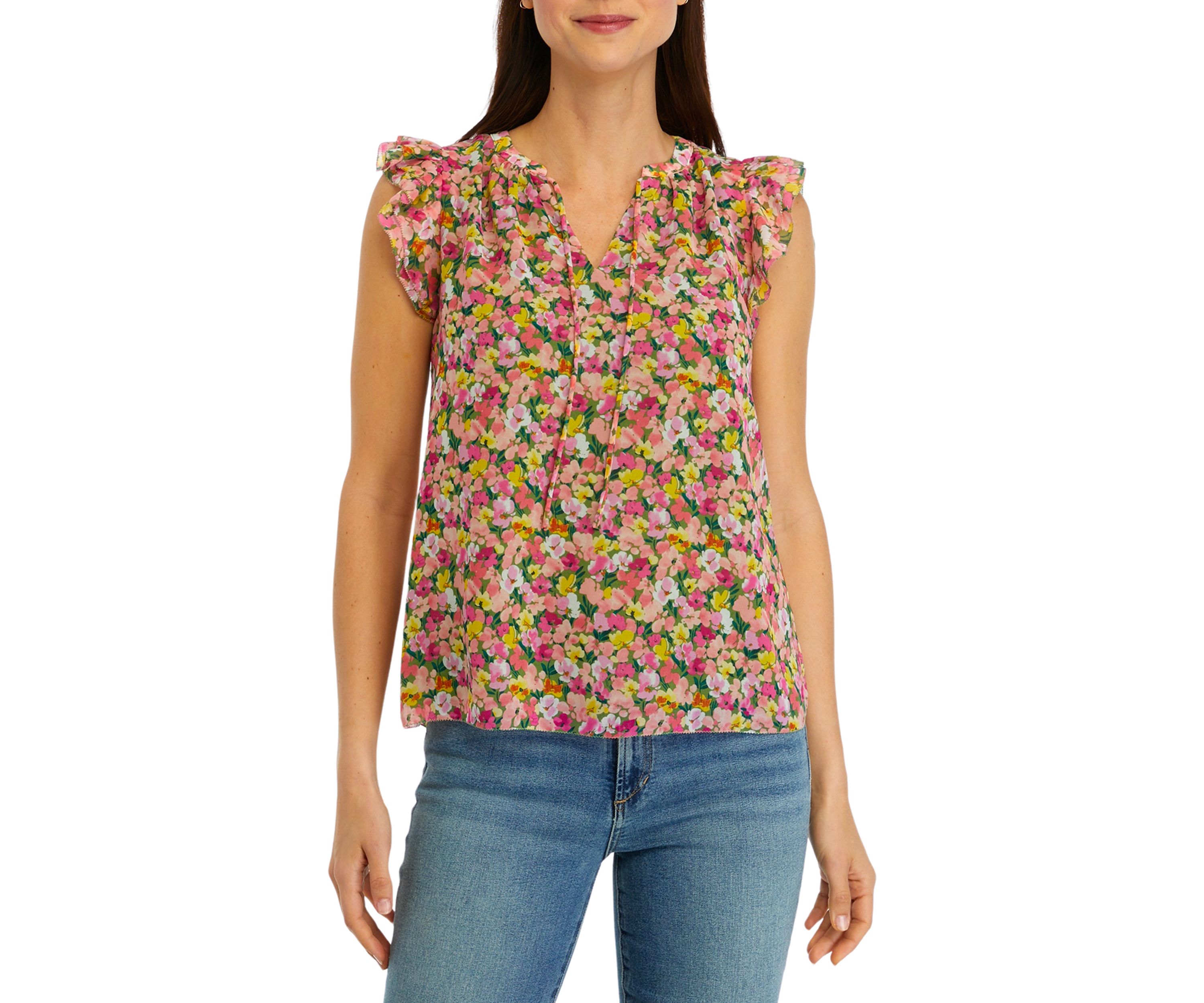 Womens Printed Flutter Sleeve Top