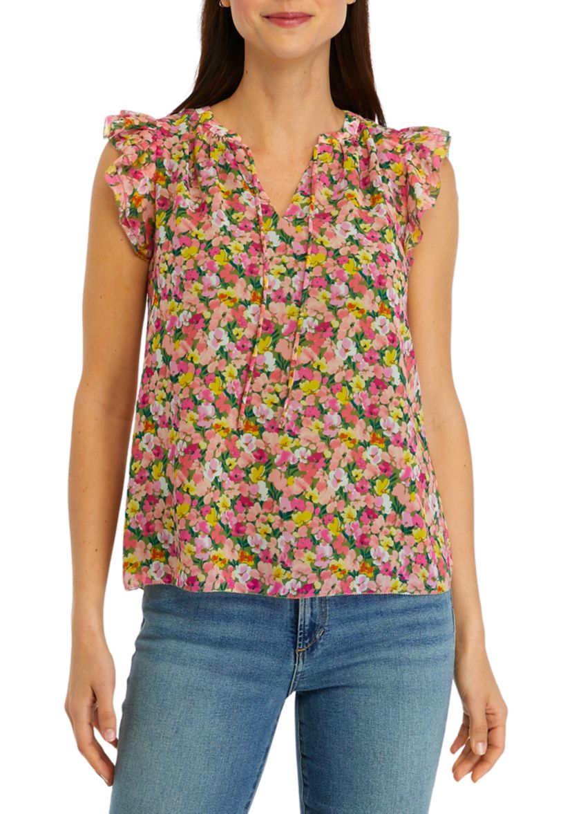 Womens Printed Flutter Sleeve Top