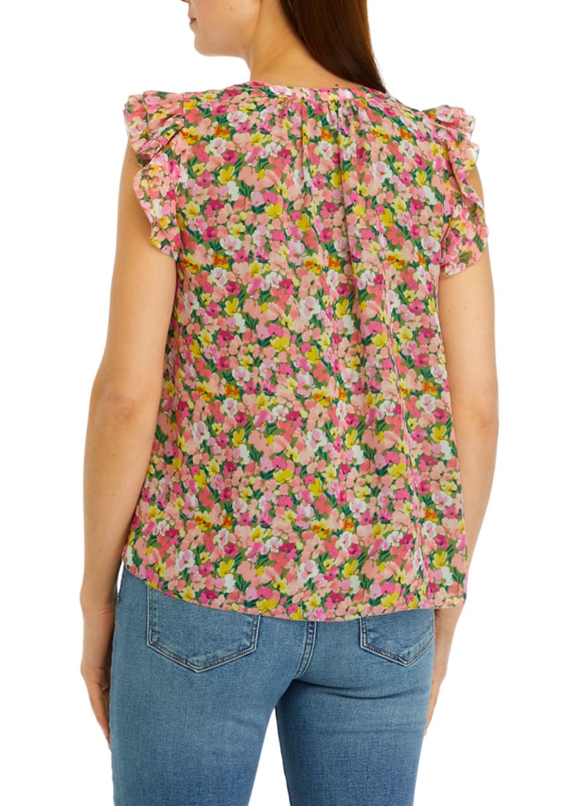 Womens Printed Flutter Sleeve Top