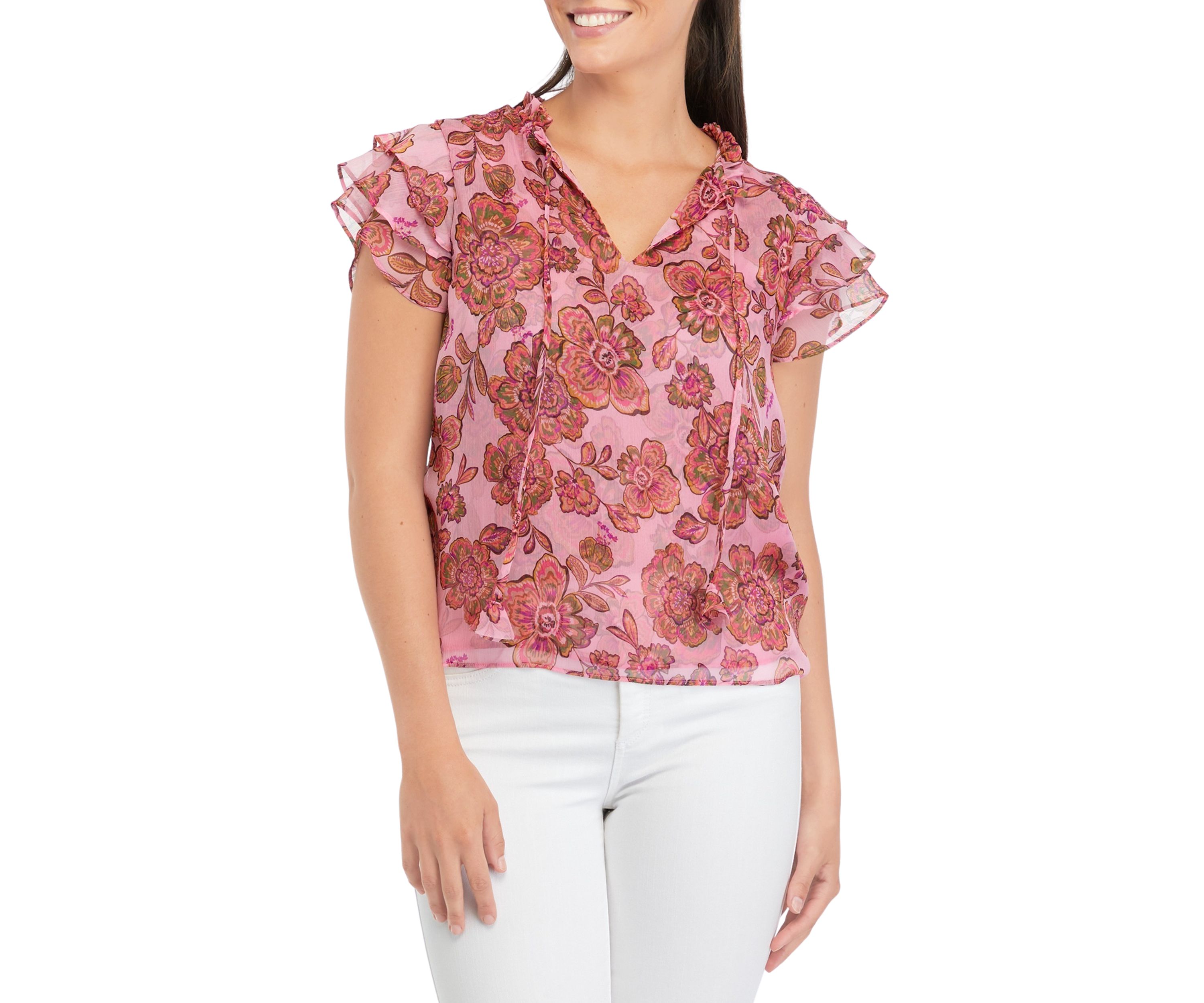 Womens Flutter Sleeve Printed Blouse