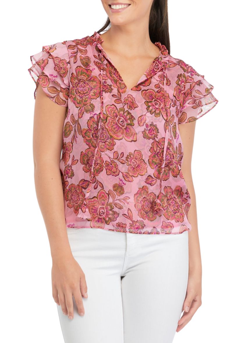 Womens Flutter Sleeve Printed Blouse