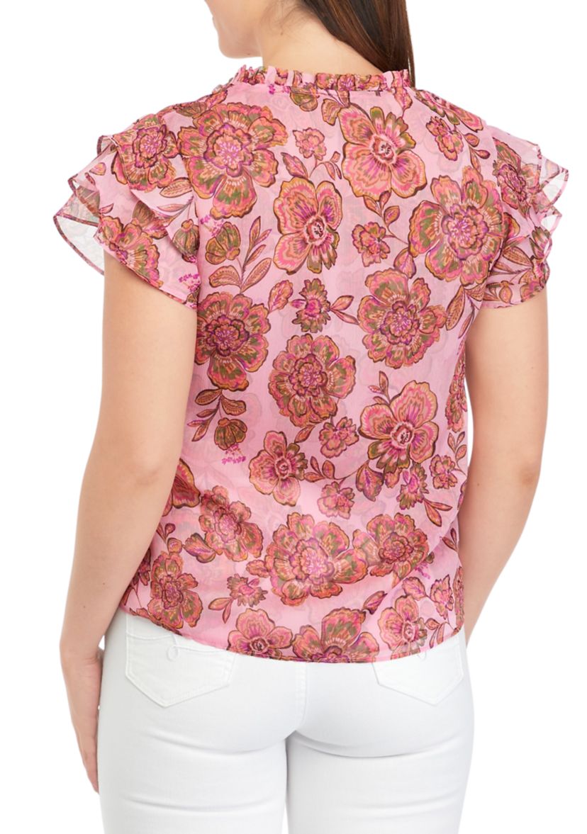 Womens Flutter Sleeve Printed Blouse