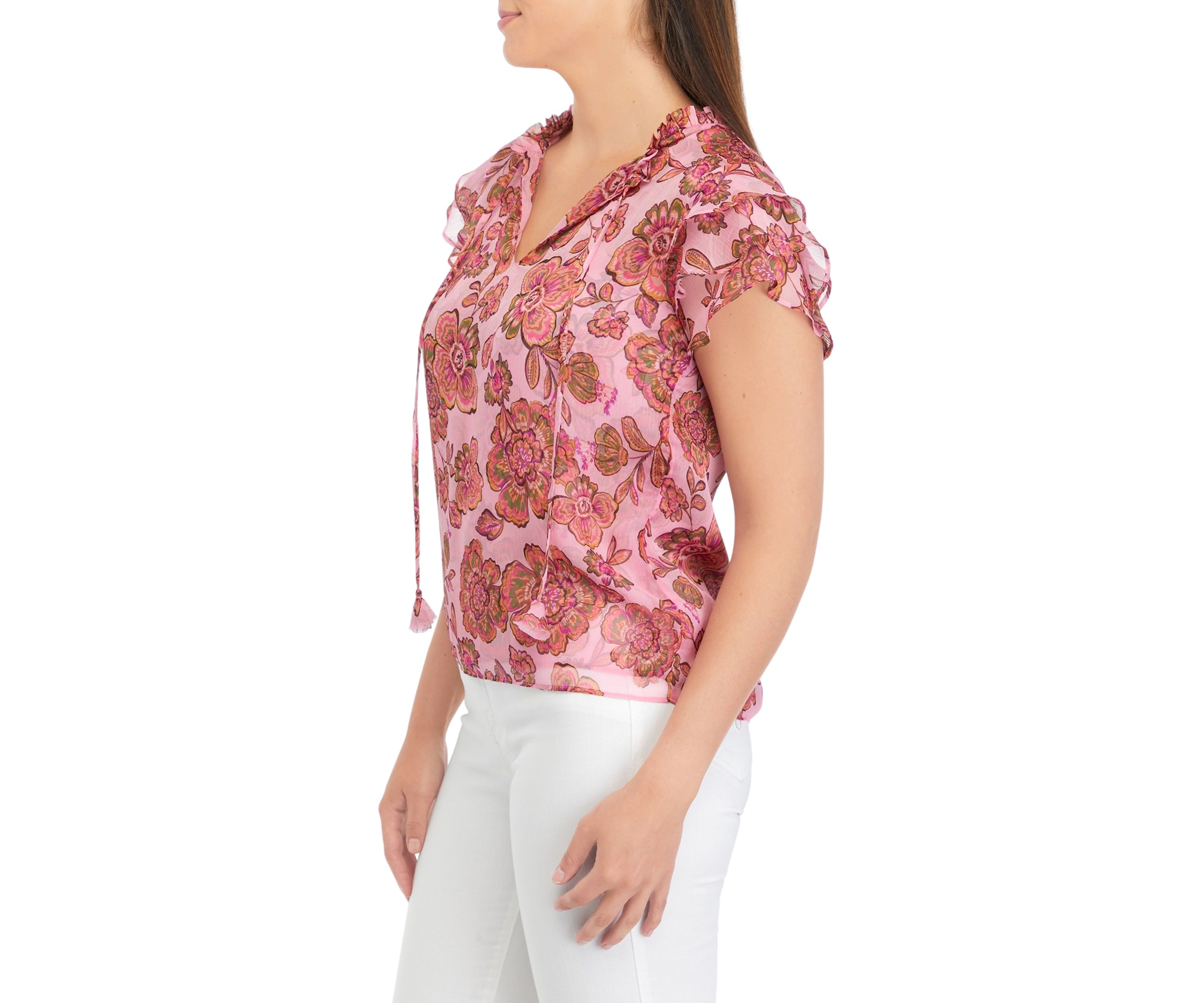 Womens Flutter Sleeve Printed Blouse